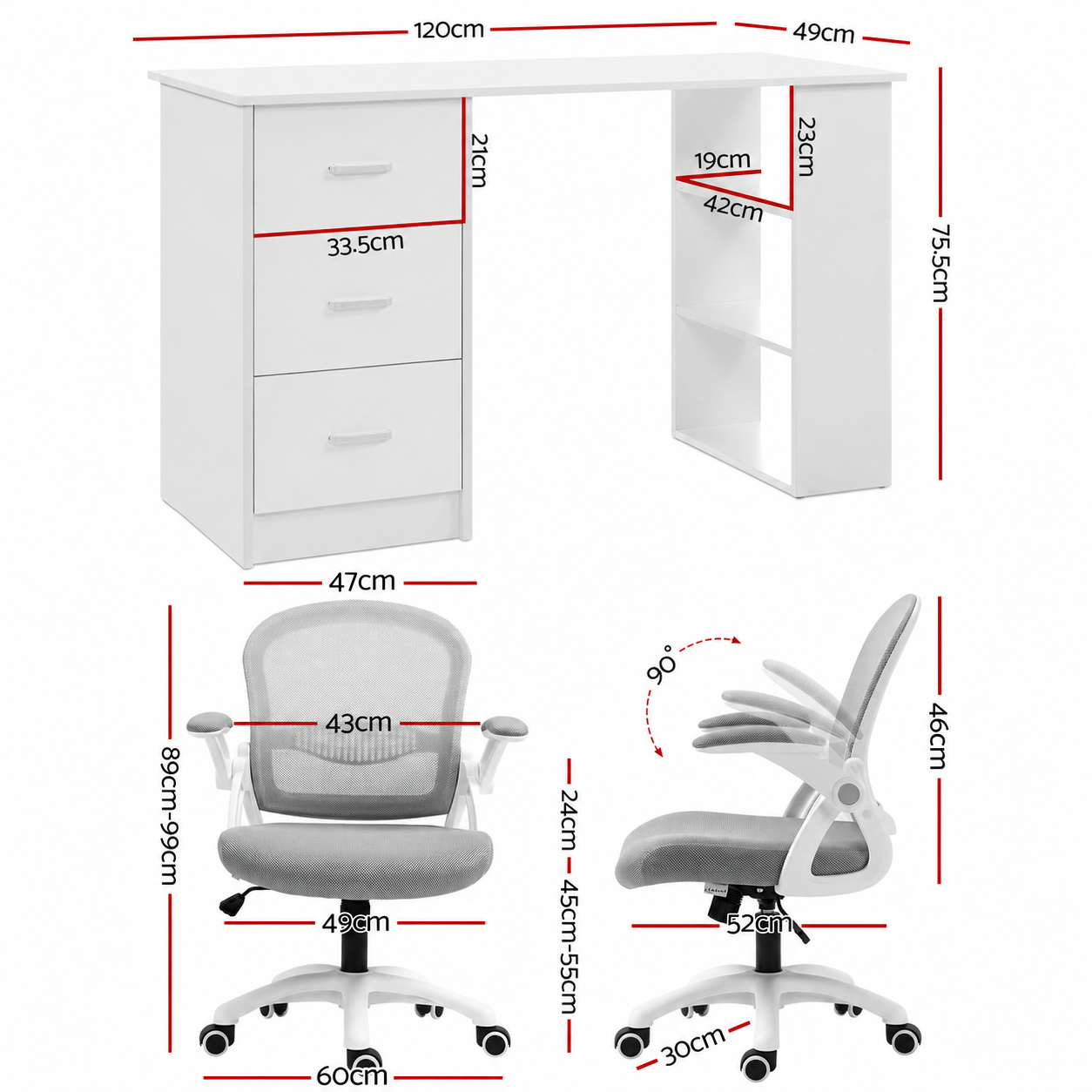 TWSC Computer Desk & Ergonomic Office Chair Set 120cm Home Office Study Desk with 3 Drawers & 3 Shelves, Mesh Computer Chair with Flip-Up Armrests