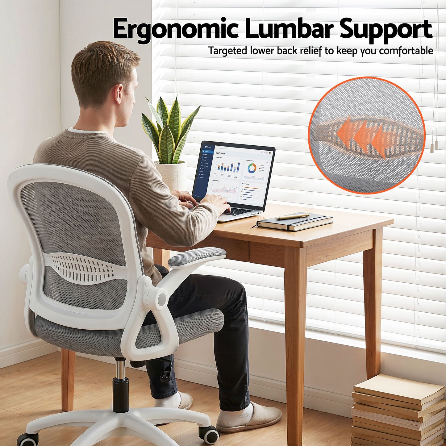 TWSC Computer Desk & Ergonomic Office Chair Set 120cm Home Office Study Desk with 3 Drawers & 3 Shelves, Mesh Computer Chair with Flip-Up Armrests
