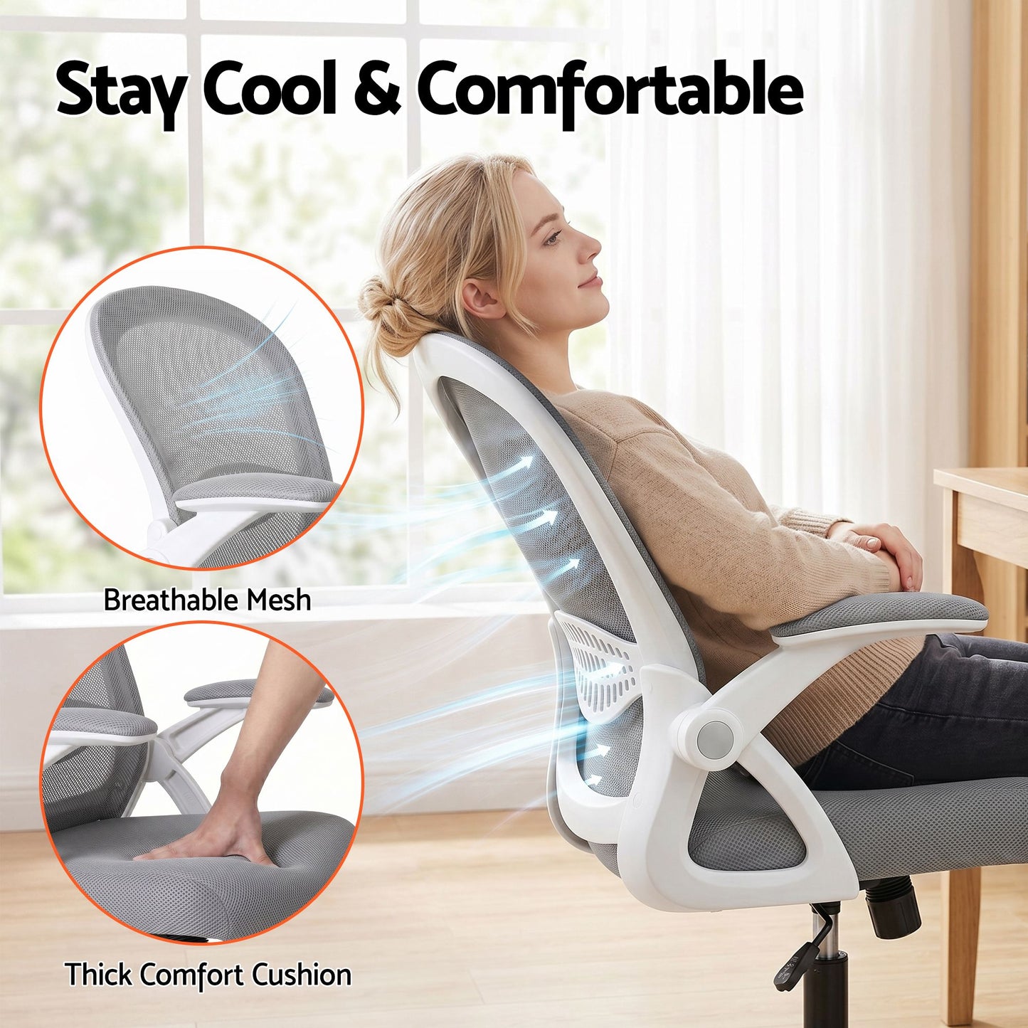 TWSC Computer Desk & Ergonomic Office Chair Set 120cm Home Office Study Desk with 3 Drawers & 3 Shelves, Mesh Computer Chair with Flip-Up Armrests