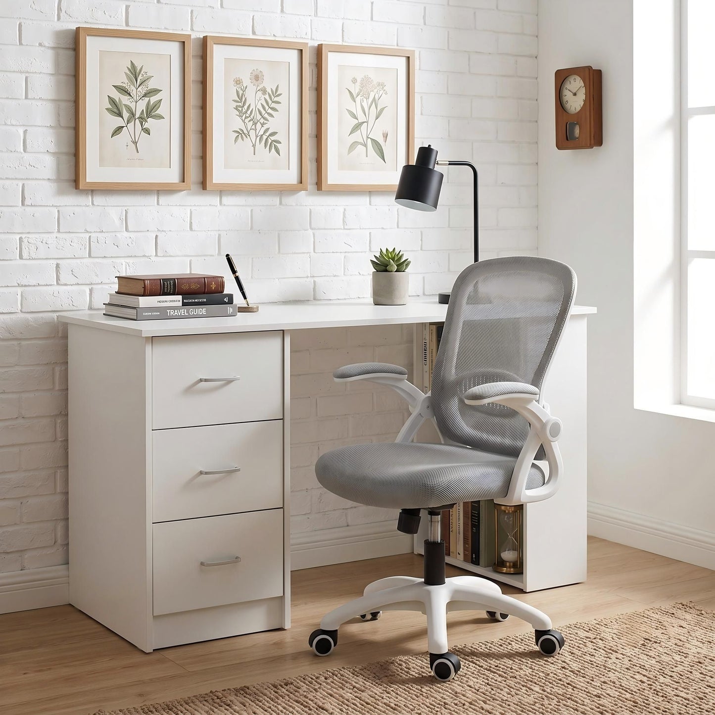 TWSC Computer Desk & Ergonomic Office Chair Set 120cm Home Office Study Desk with 3 Drawers & 3 Shelves, Mesh Computer Chair with Flip-Up Armrests