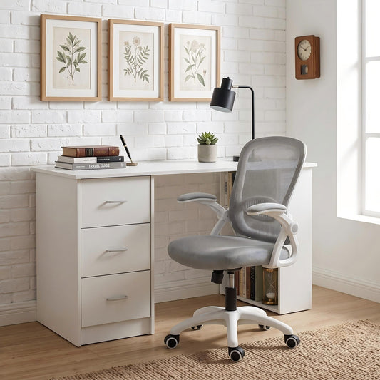 TWSC Computer Desk & Ergonomic Office Chair Set 120cm Home Office Study Desk with 3 Drawers & 3 Shelves, Mesh Computer Chair with Flip-Up Armrests