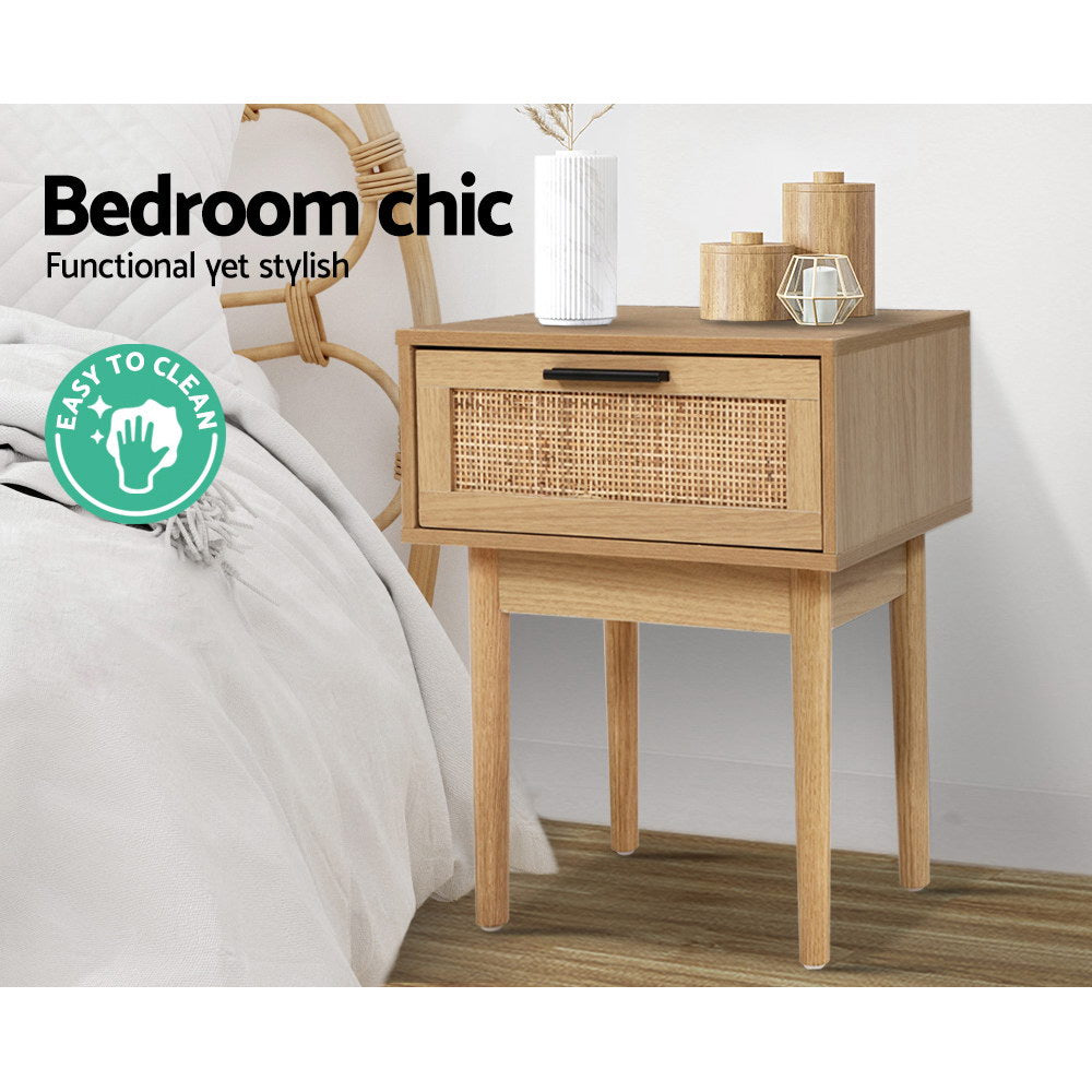 TWSC Bedside Tables Side Table Rattan Drawers Nightstand