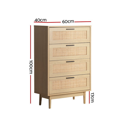 TWSC 4 Chest of Drawers Rattan Tallboy Pine - BRIONY