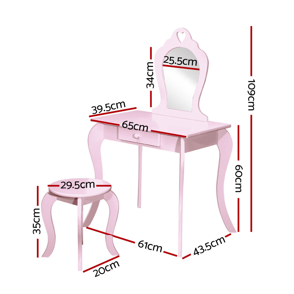 Kids Dressing Table and Stool Set – Pink Vanity Mirror, MDF Wood