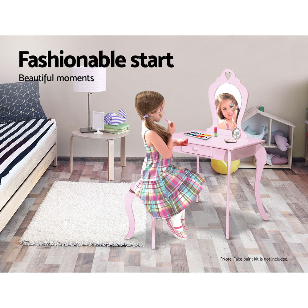 Kids Dressing Table and Stool Set – Pink Vanity Mirror, MDF Wood