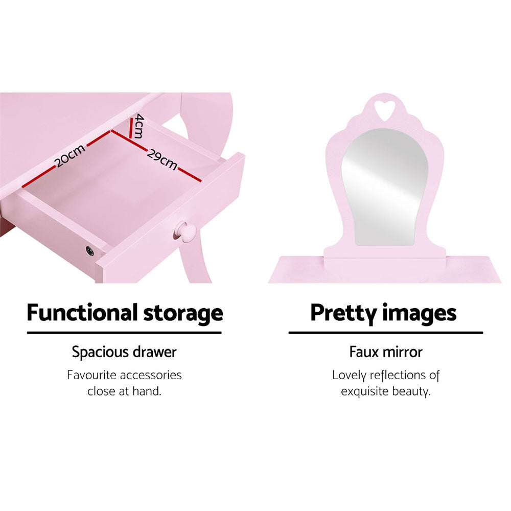 Kids Dressing Table and Stool Set – Pink Vanity Mirror, MDF Wood