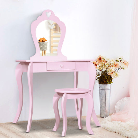 Kids Dressing Table and Stool Set – Pink Vanity Mirror, MDF Wood