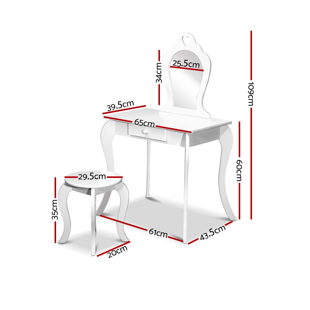 Kids Dressing Table and Stool Set – White Vanity Mirror with Storage