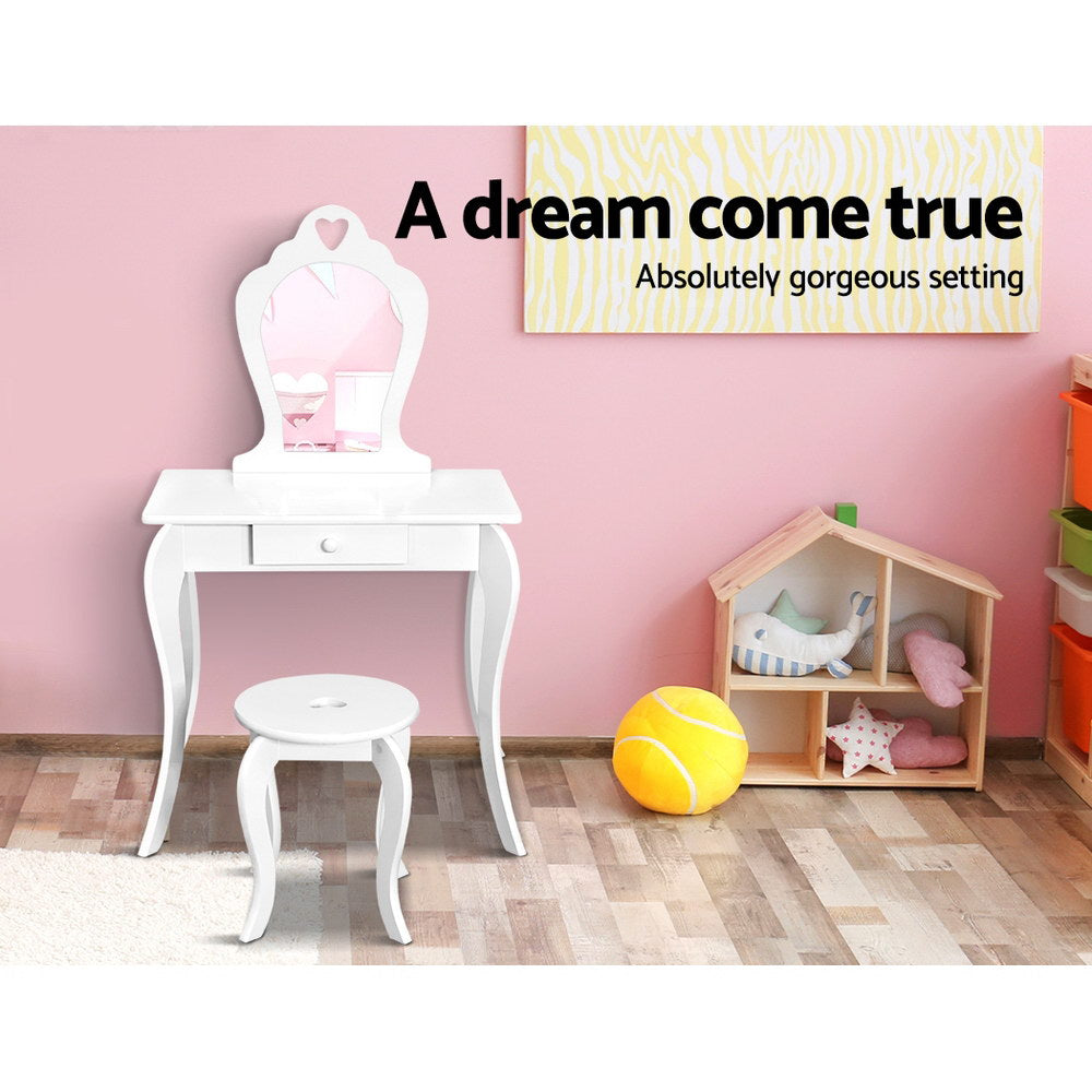Kids Dressing Table and Stool Set – White Vanity Mirror with Storage