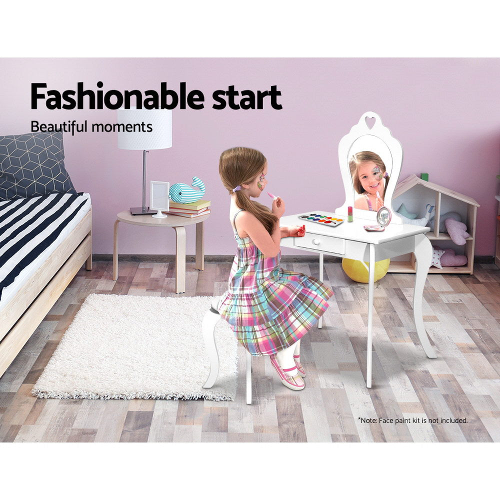 Kids Dressing Table and Stool Set – White Vanity Mirror with Storage