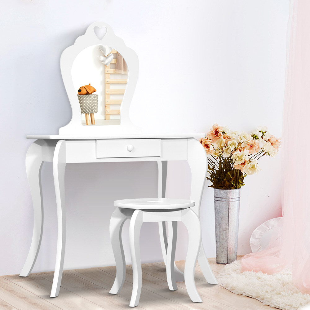 Kids Dressing Table and Stool Set – White Vanity Mirror with Storage