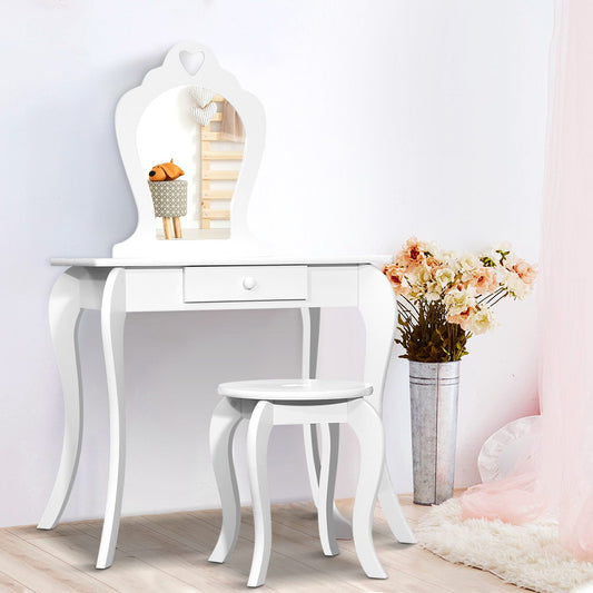 Kids Dressing Table and Stool Set – White Vanity Mirror with Storage