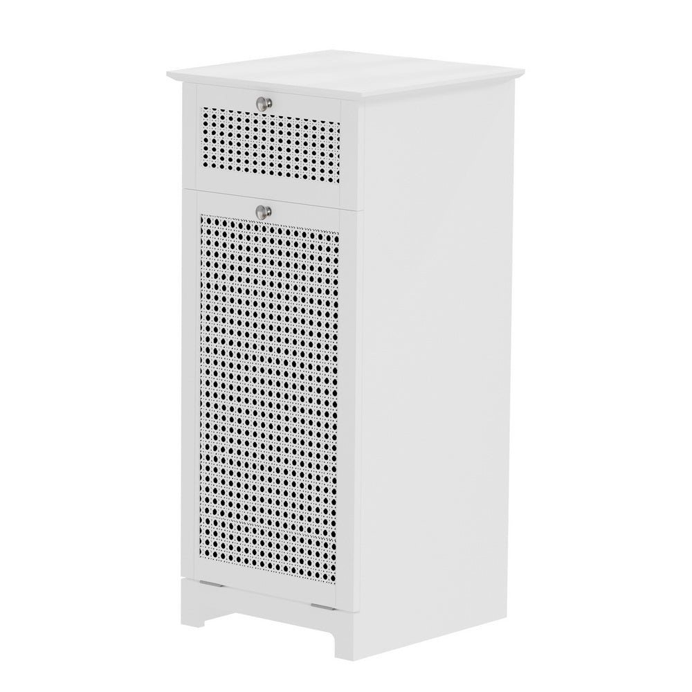 Laundry Hamper Cabinet – White Rattan Bathroom Storage with Drawer and Basket