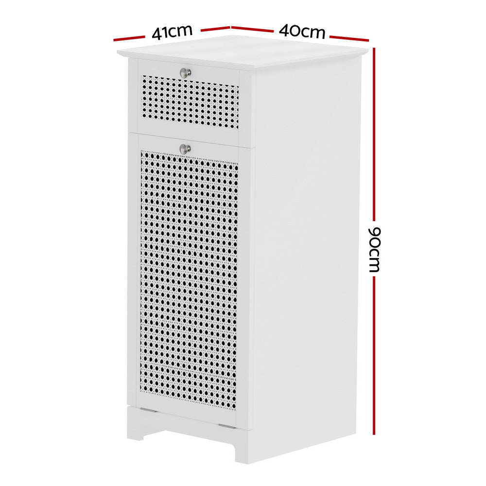 Laundry Hamper Cabinet – White Rattan Bathroom Storage with Drawer and Basket