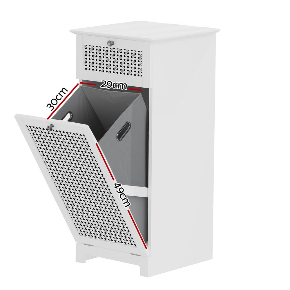 Laundry Hamper Cabinet – White Rattan Bathroom Storage with Drawer and Basket