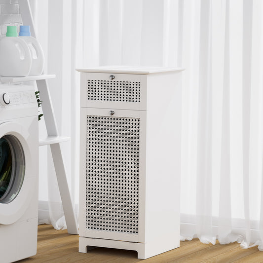 Laundry Hamper Cabinet – White Rattan Bathroom Storage with Drawer and Basket