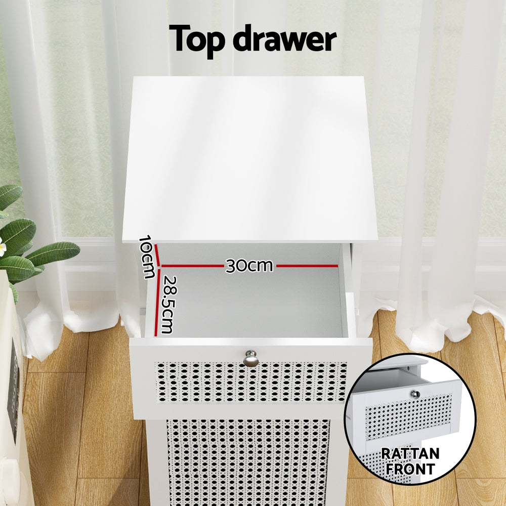 Laundry Hamper Cabinet – White Rattan Bathroom Storage with Drawer and Basket