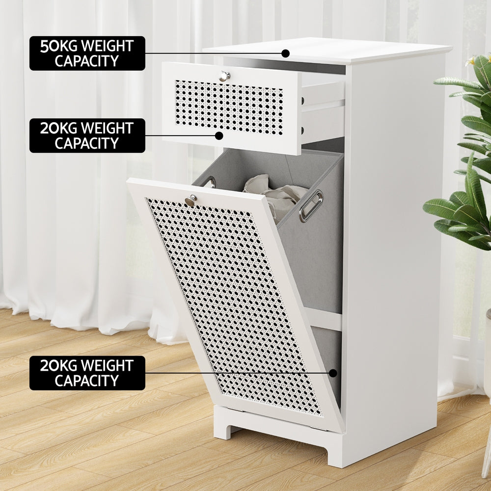 Laundry Hamper Cabinet – White Rattan Bathroom Storage with Drawer and Basket