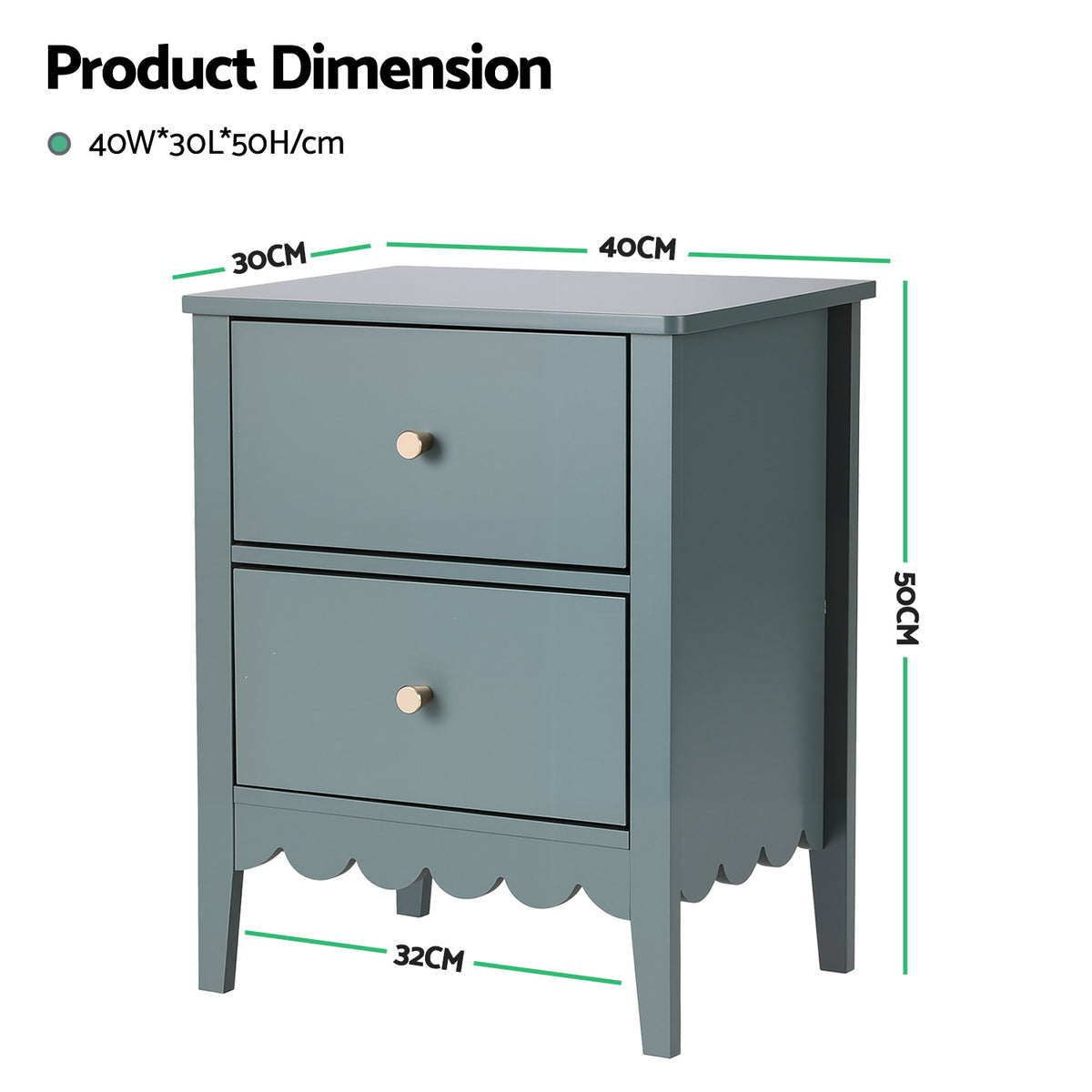 TWSC Bedside Table 2 Drawers Bedroom Storage Nightstand Green