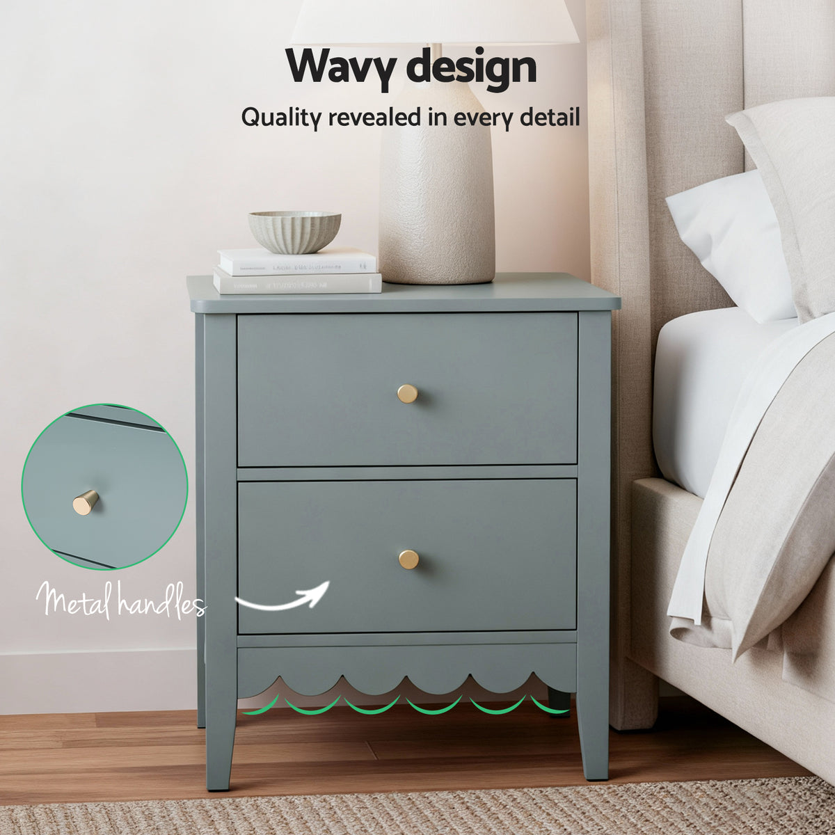 TWSC Bedside Table 2 Drawers Bedroom Storage Nightstand Green
