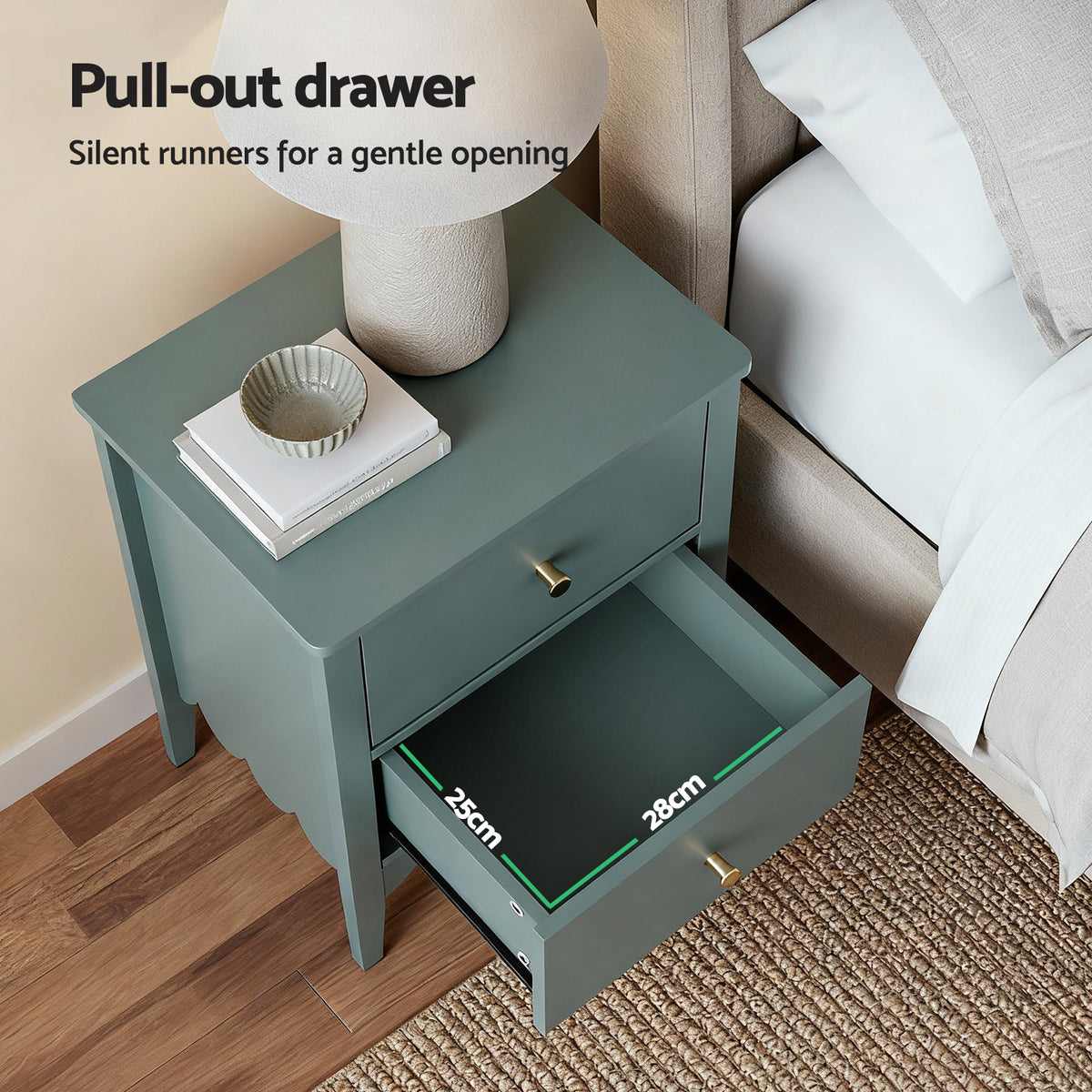 TWSC Bedside Table 2 Drawers Bedroom Storage Nightstand Green