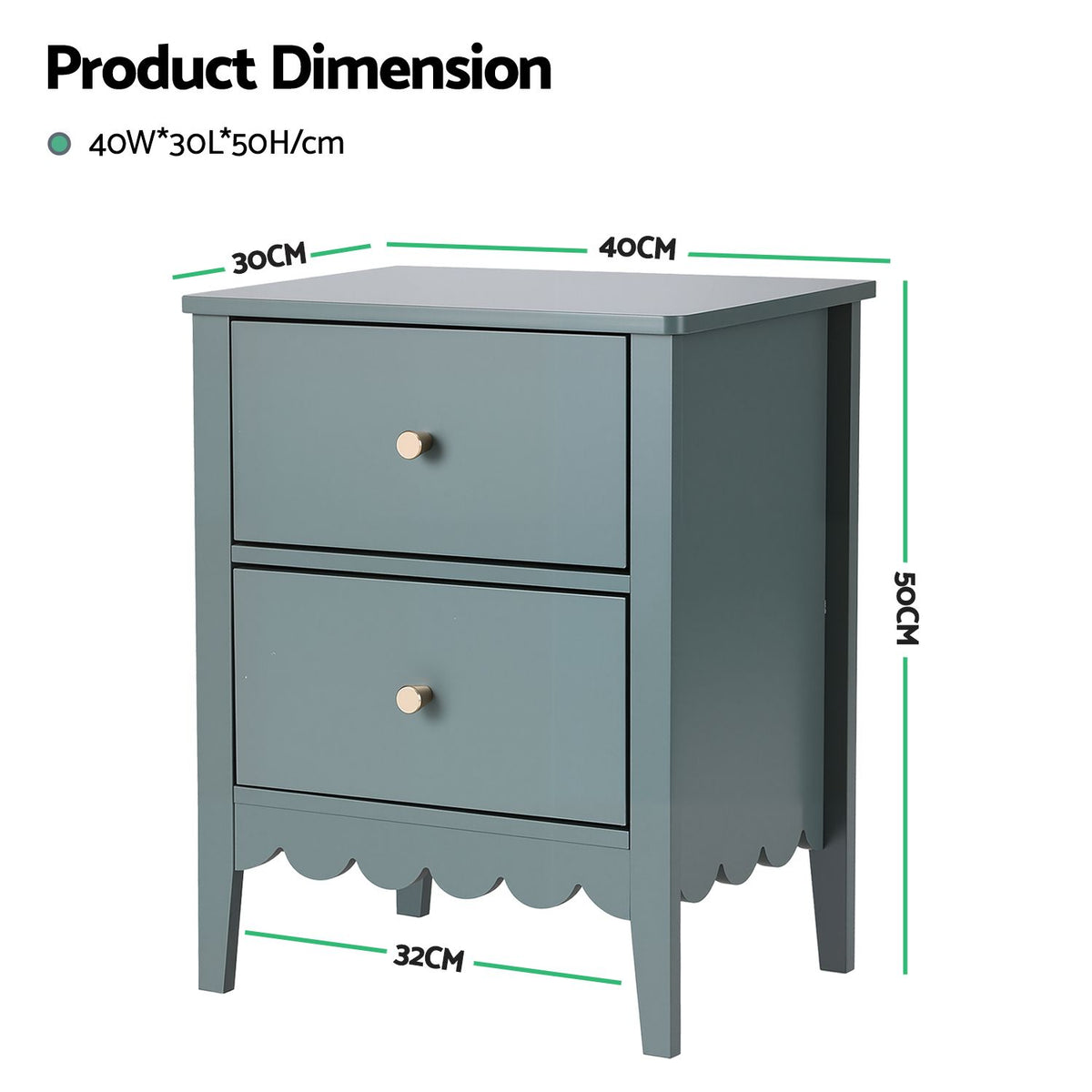 TWSC 2X Bedside Table 2 Drawers Bedroom Storage Nightstand Green