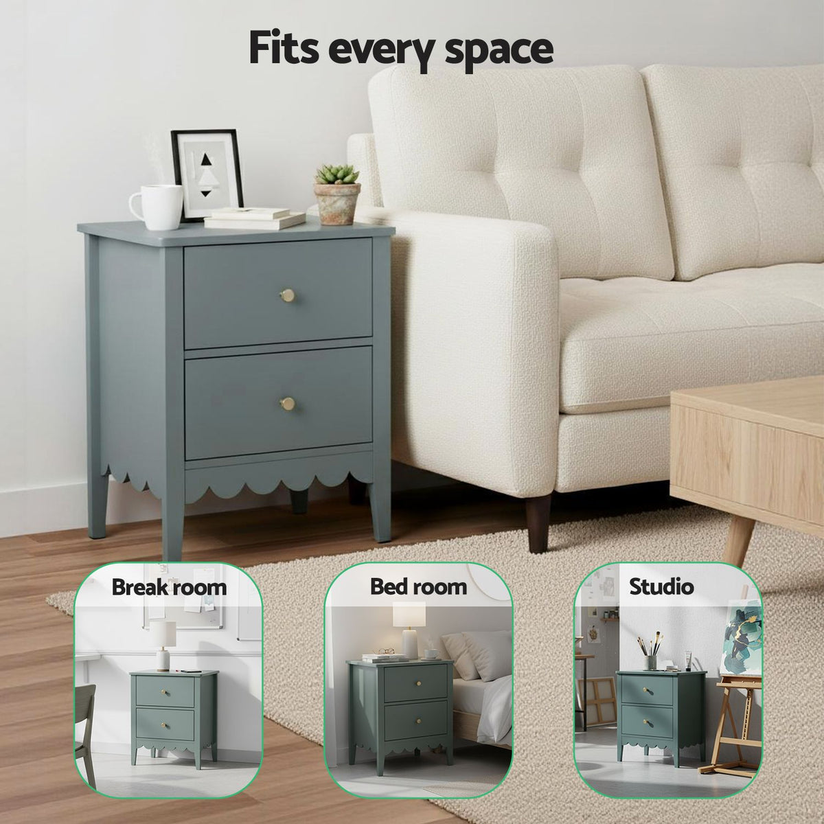 TWSC 2X Bedside Table 2 Drawers Bedroom Storage Nightstand Green