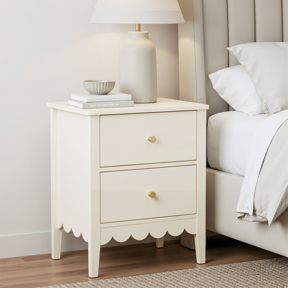 TWSC Bedside Table 2 Drawers Bedroom Storage Nightstand Beige