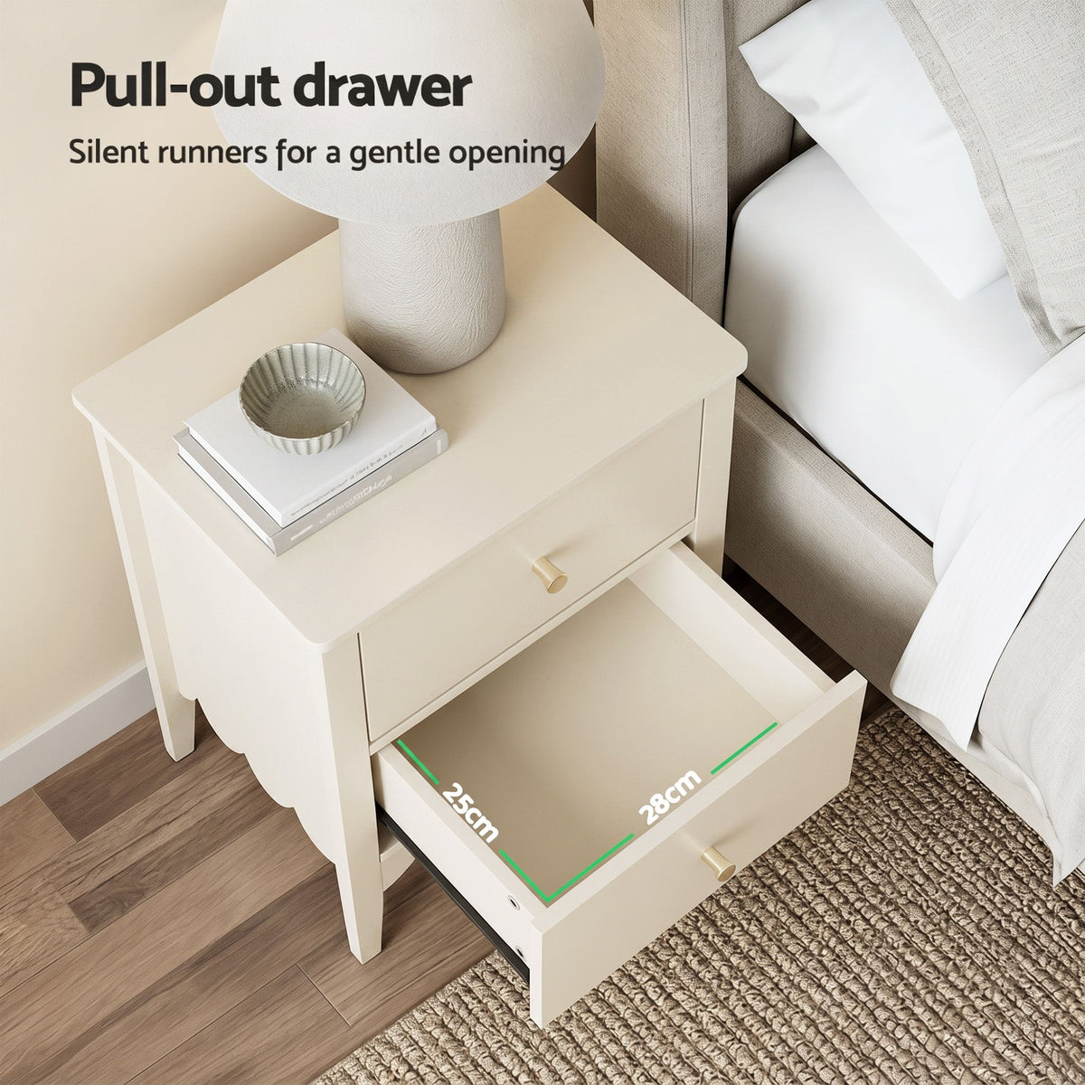 TWSC Bedside Table 2 Drawers Bedroom Storage Nightstand Beige