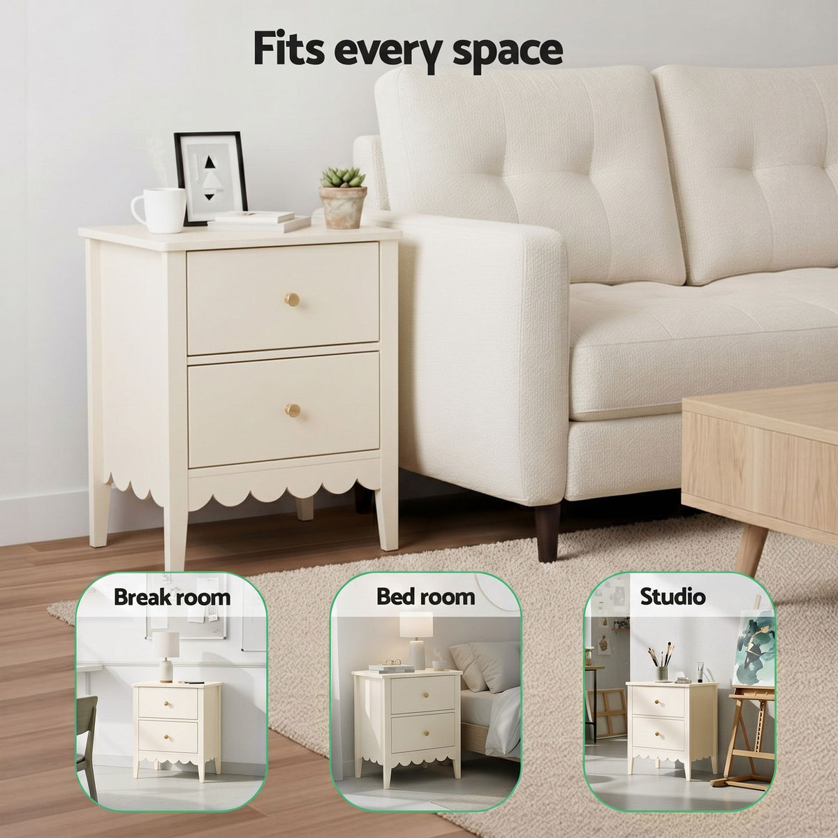 TWSC Bedside Table 2 Drawers Bedroom Storage Nightstand Beige