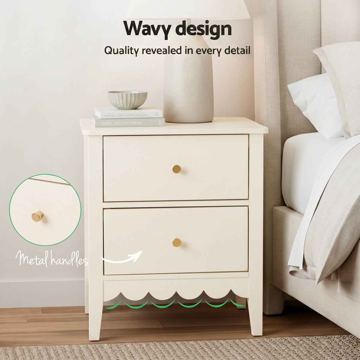 TWSC 2x Bedside Table 2 Drawers Bedroom Storage Nightstand Beige