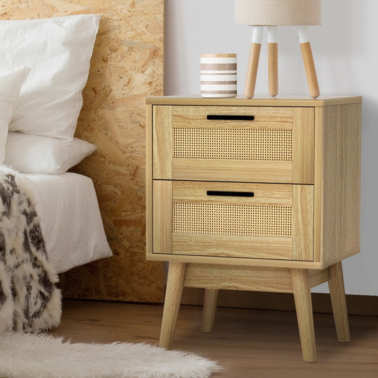 TWSC Rattan Bedside Table 2 Drawers Wood - RIE Oak