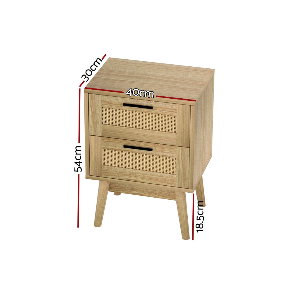 TWSC Rattan Bedside Table 2 Drawers Wood - RIE Oak