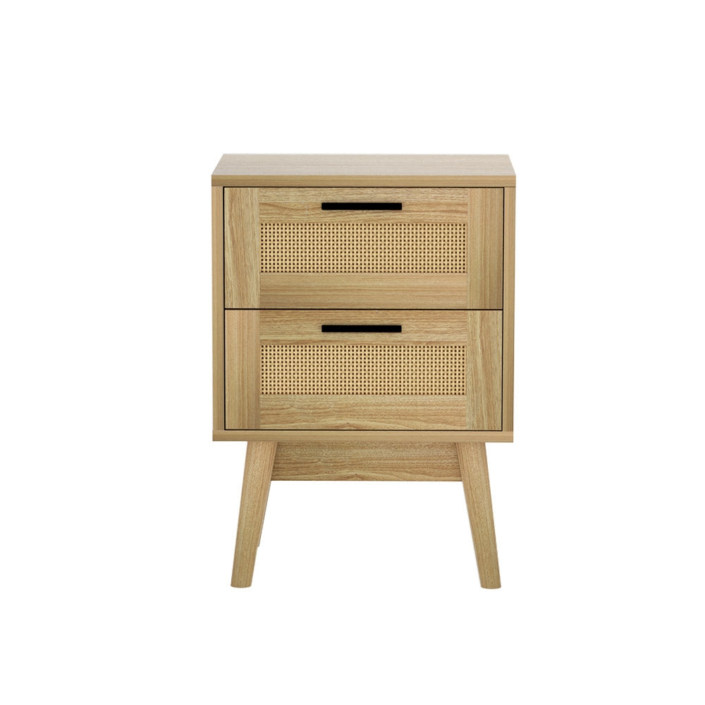 TWSC Rattan Bedside Table 2 Drawers Wood - RIE Oak