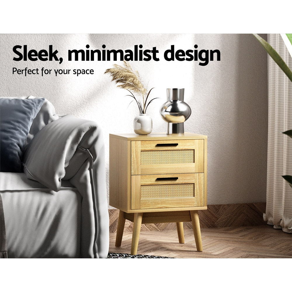 TWSC Rattan Bedside Table 2 Drawers Wood - RIE Oak