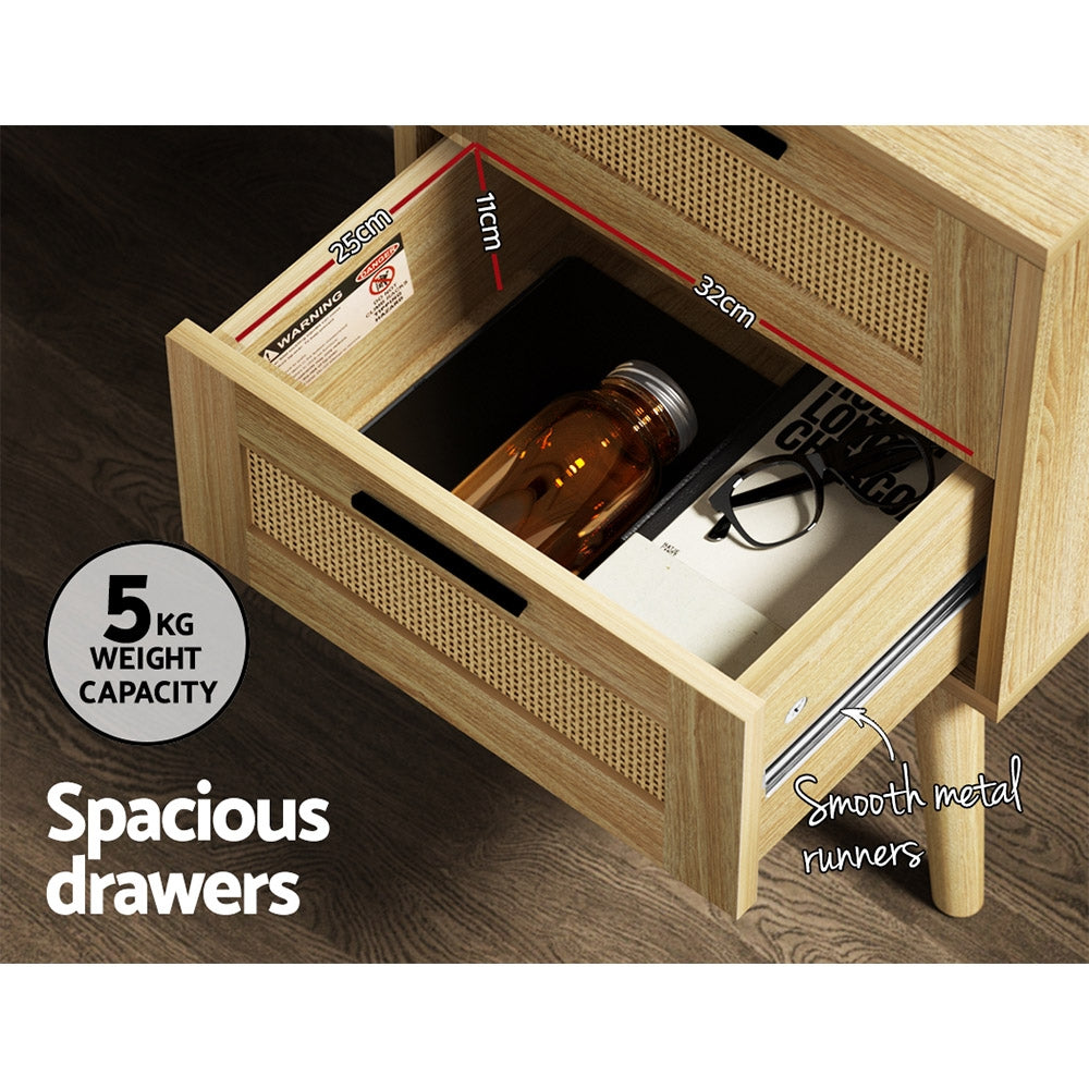 TWSC Rattan Bedside Table 2 Drawers Wood - RIE Oak