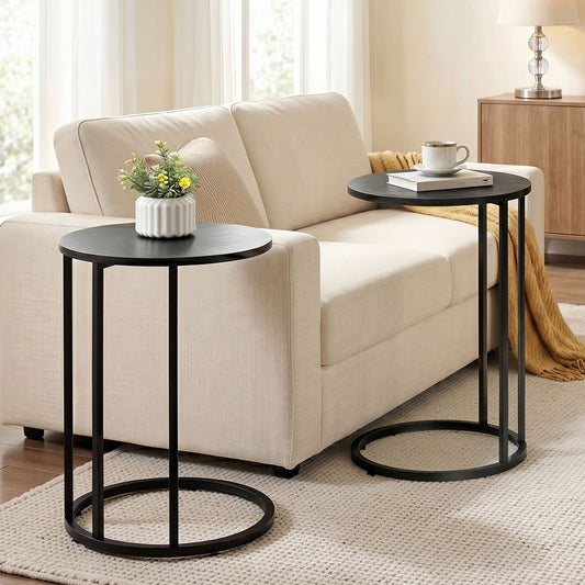 C-Shaped End Table Set of 2 – Space-Saving, Black Wood-Textured Top