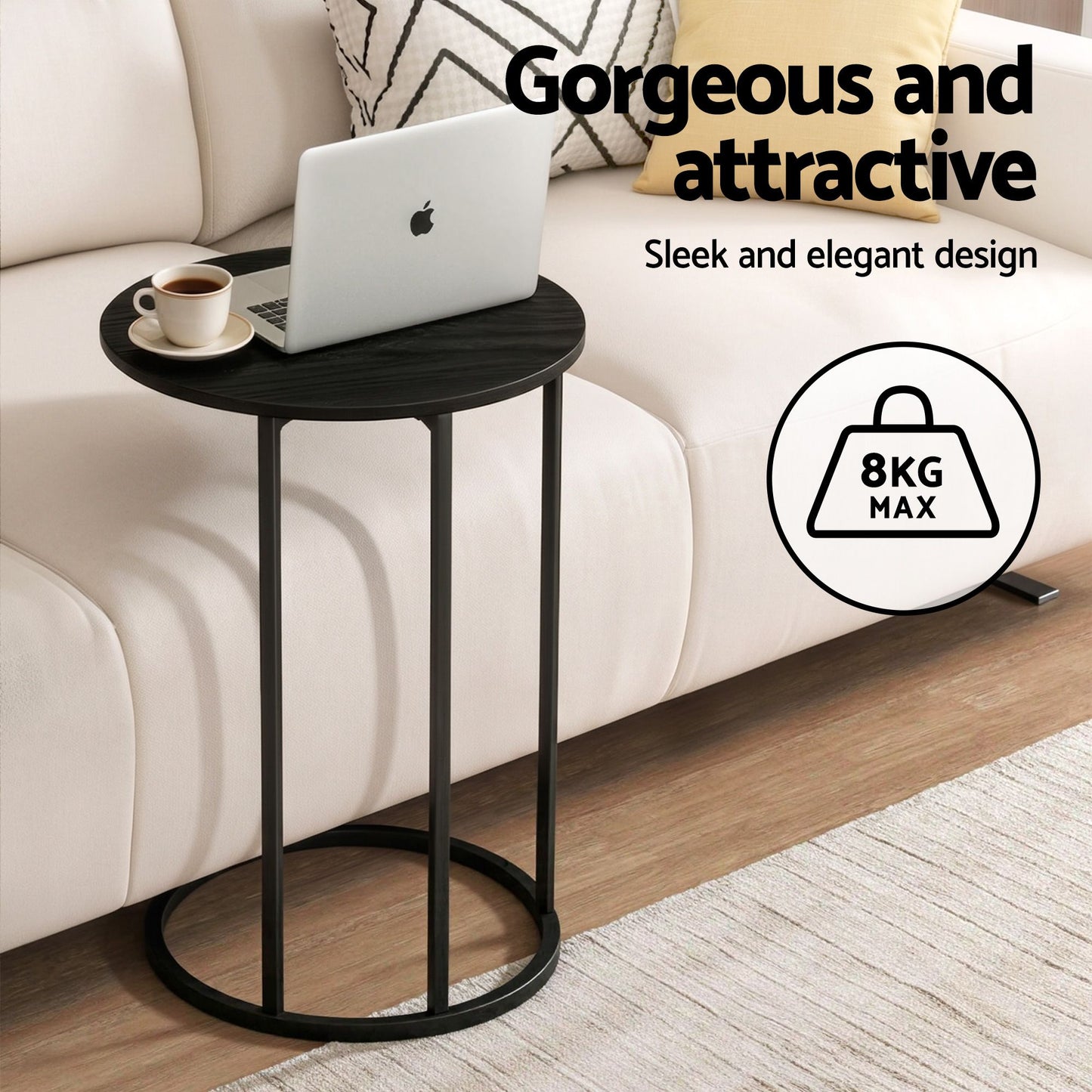 C-Shaped End Table Set of 2 – Space-Saving, Black Wood-Textured Top
