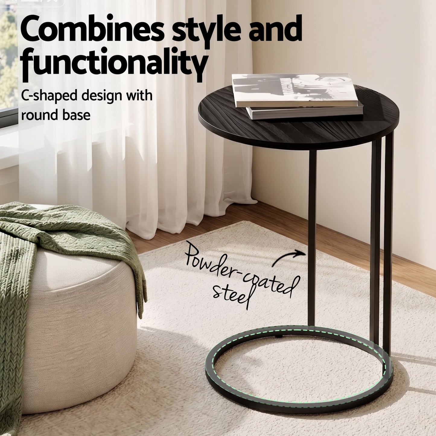 C-Shaped End Table Set of 2 – Space-Saving, Black Wood-Textured Top