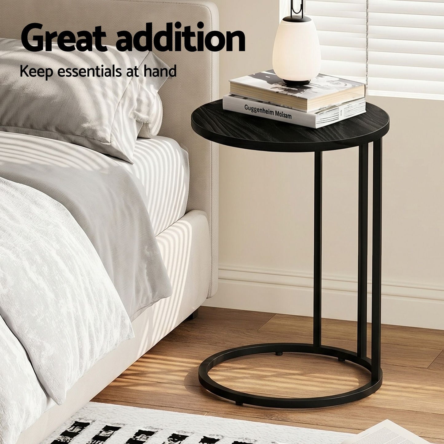 C-Shaped End Table Set of 2 – Space-Saving, Black Wood-Textured Top