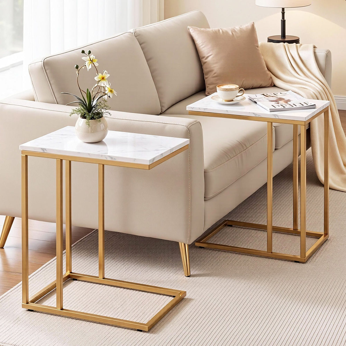 TWSC C Shaped End Table Set of 2 Coffee Table Side Table White & Gold