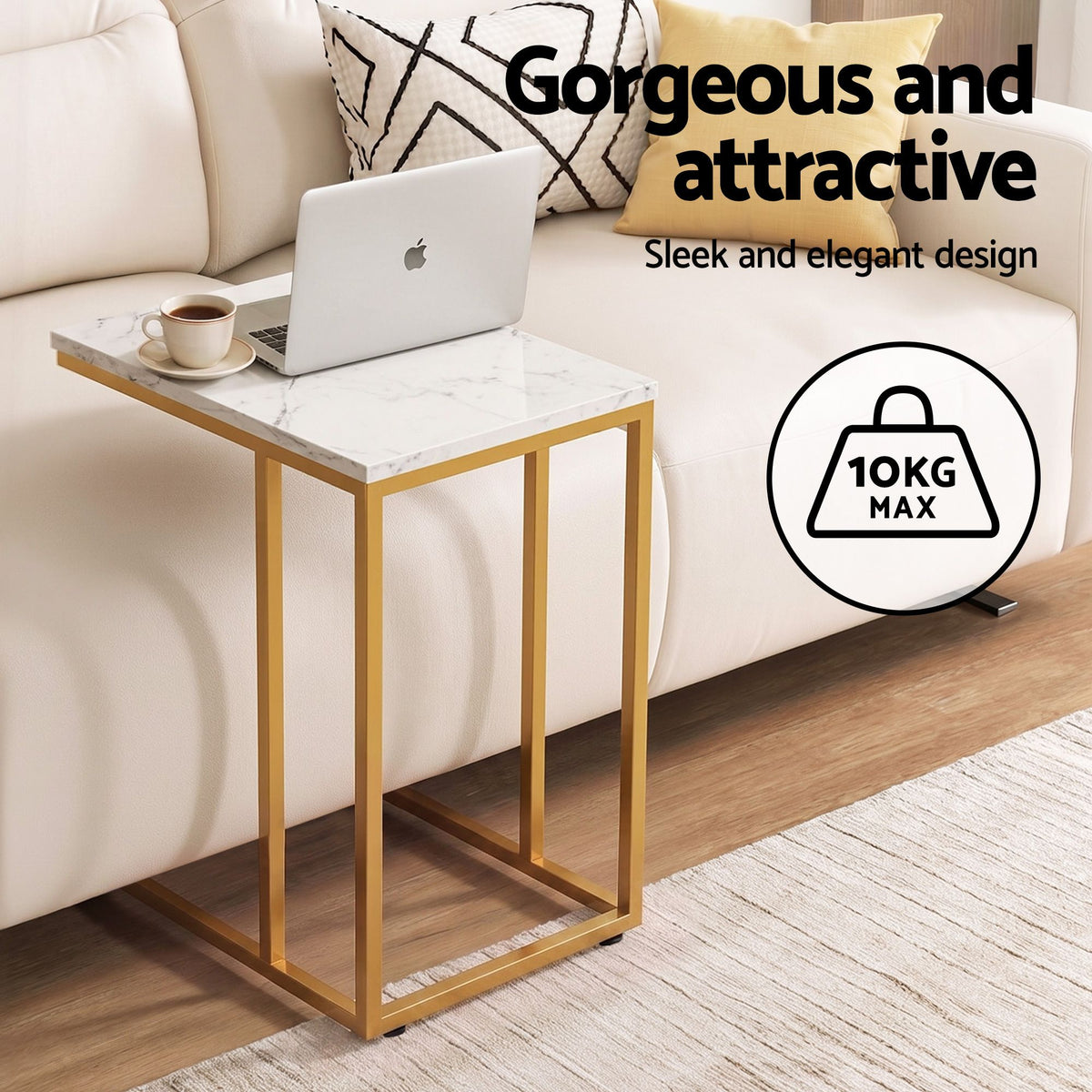 TWSC C Shaped End Table Set of 2 Coffee Table Side Table White & Gold