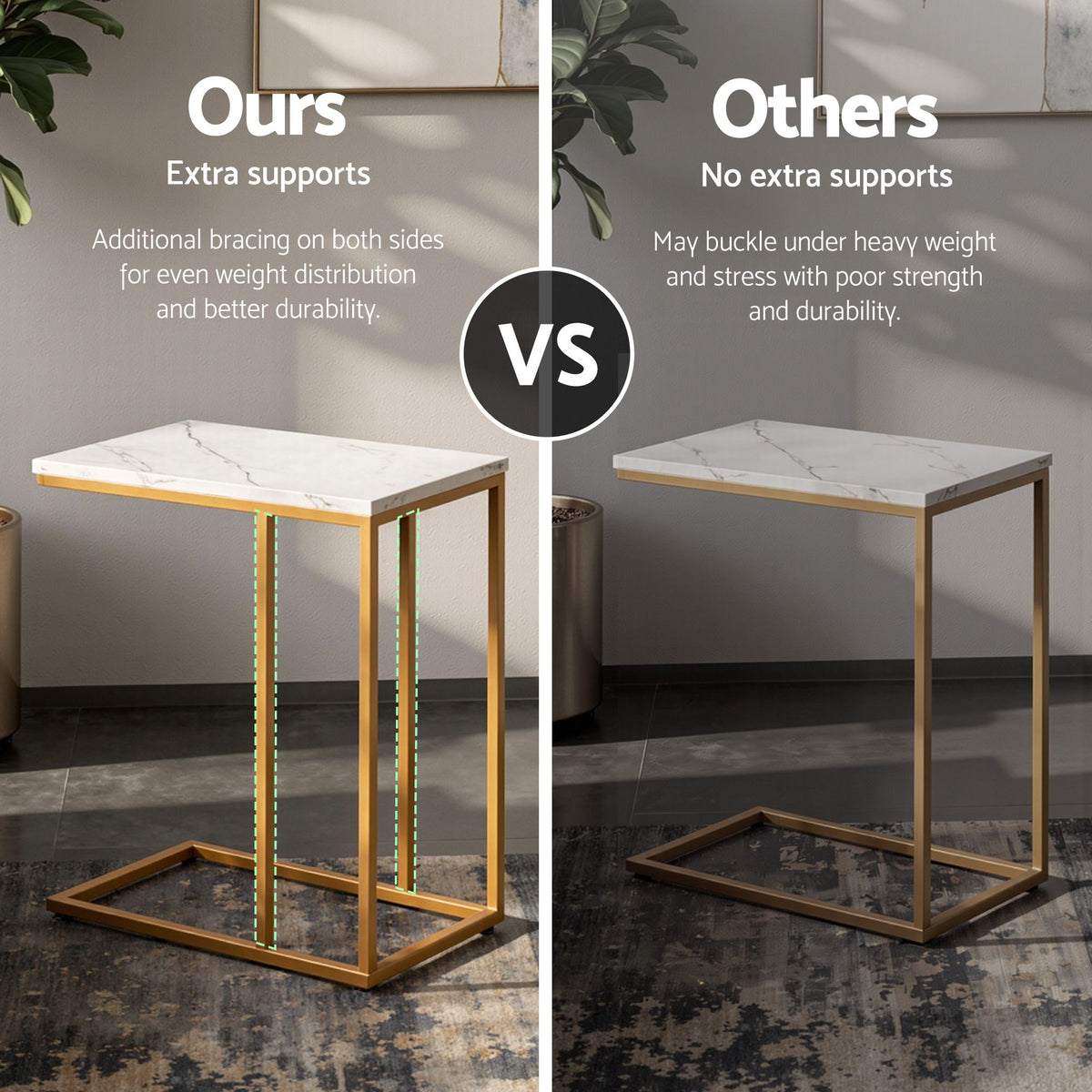 TWSC C Shaped End Table Set of 2 Coffee Table Side Table White & Gold