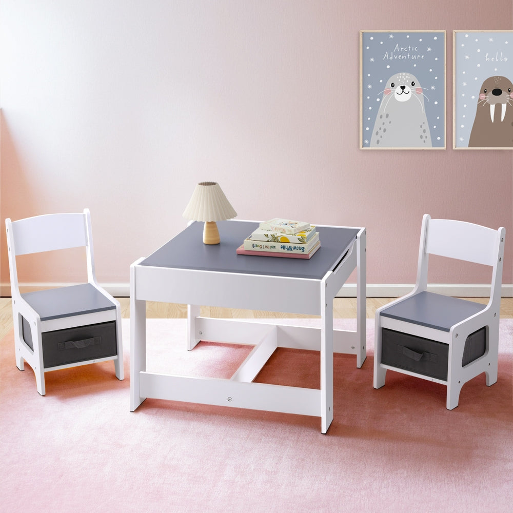 Kids Table and Chairs Set – Chalkboard Desk with Storage, Grey