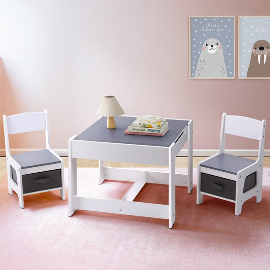 Kids Table and Chairs Set – Chalkboard Desk with Storage, Grey