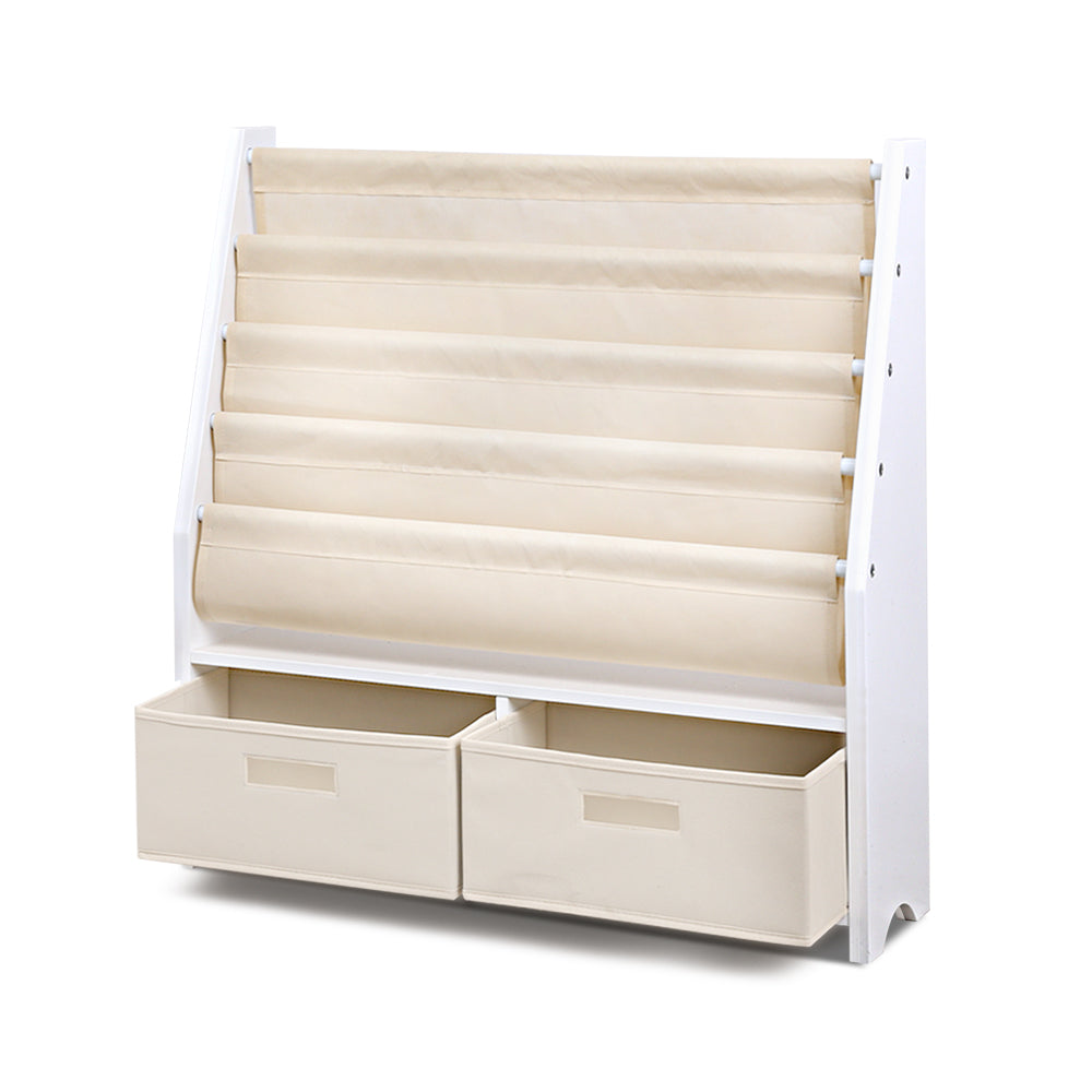 Kids Bookshelf with 4 Tiers and Storage Bins – White MDF Organiser