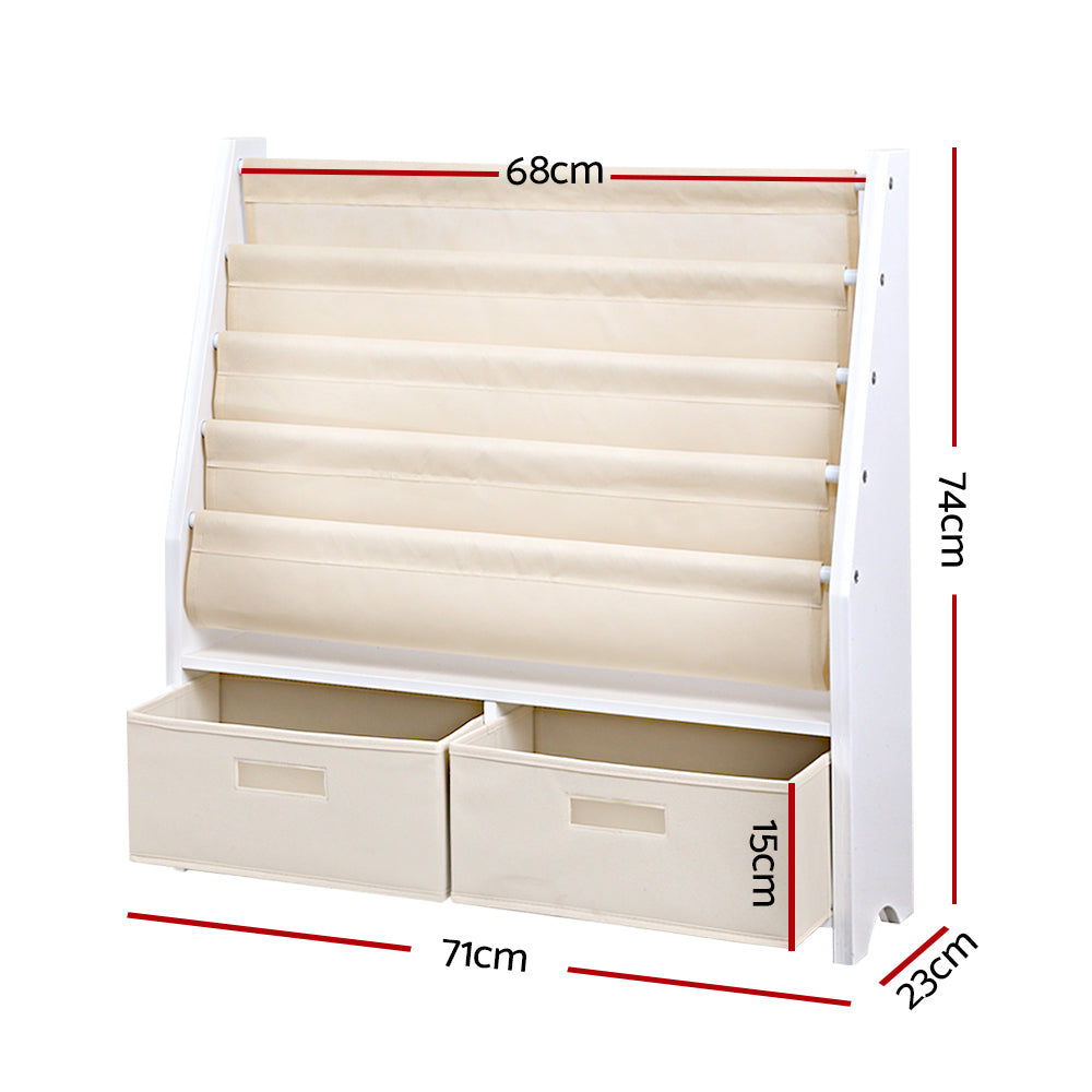 Kids Bookshelf with 4 Tiers and Storage Bins – White MDF Organiser