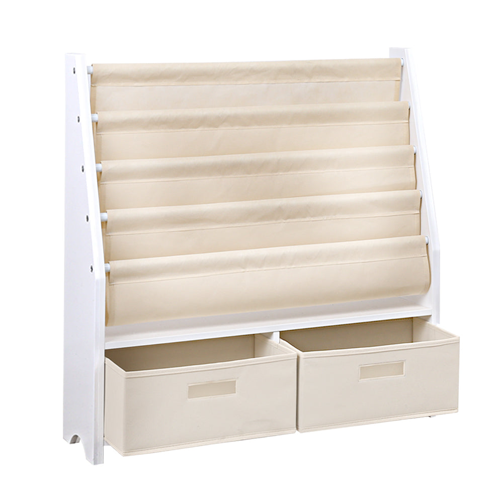 Kids Bookshelf with 4 Tiers and Storage Bins – White MDF Organiser