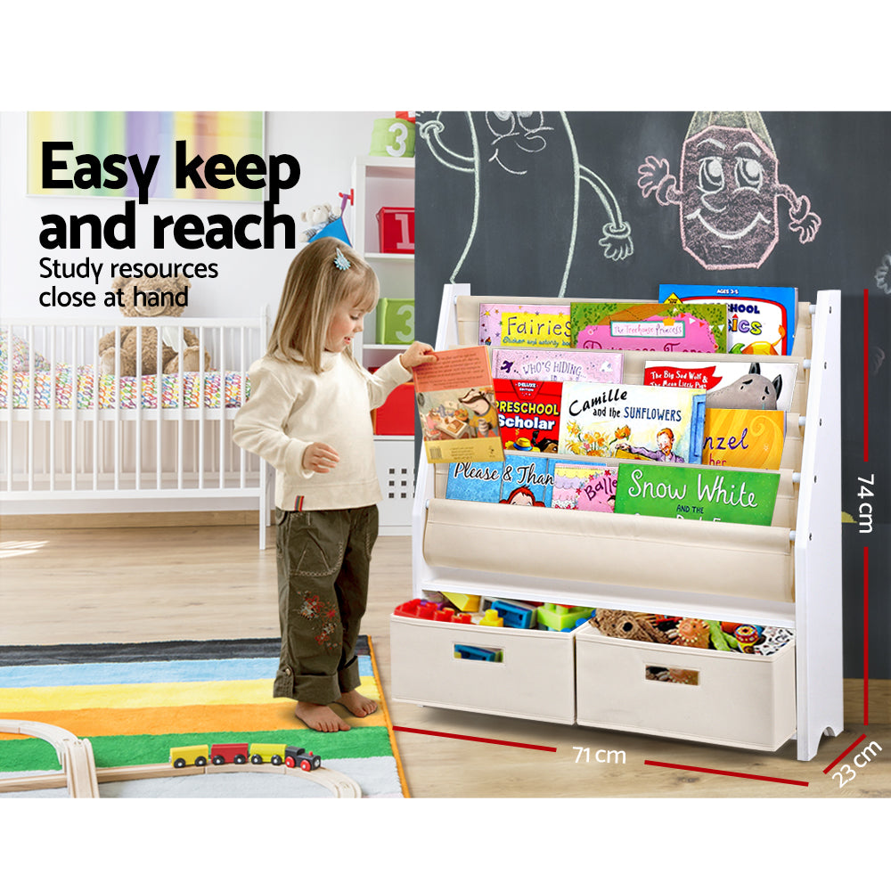 Kids Bookshelf with 4 Tiers and Storage Bins – White MDF Organiser