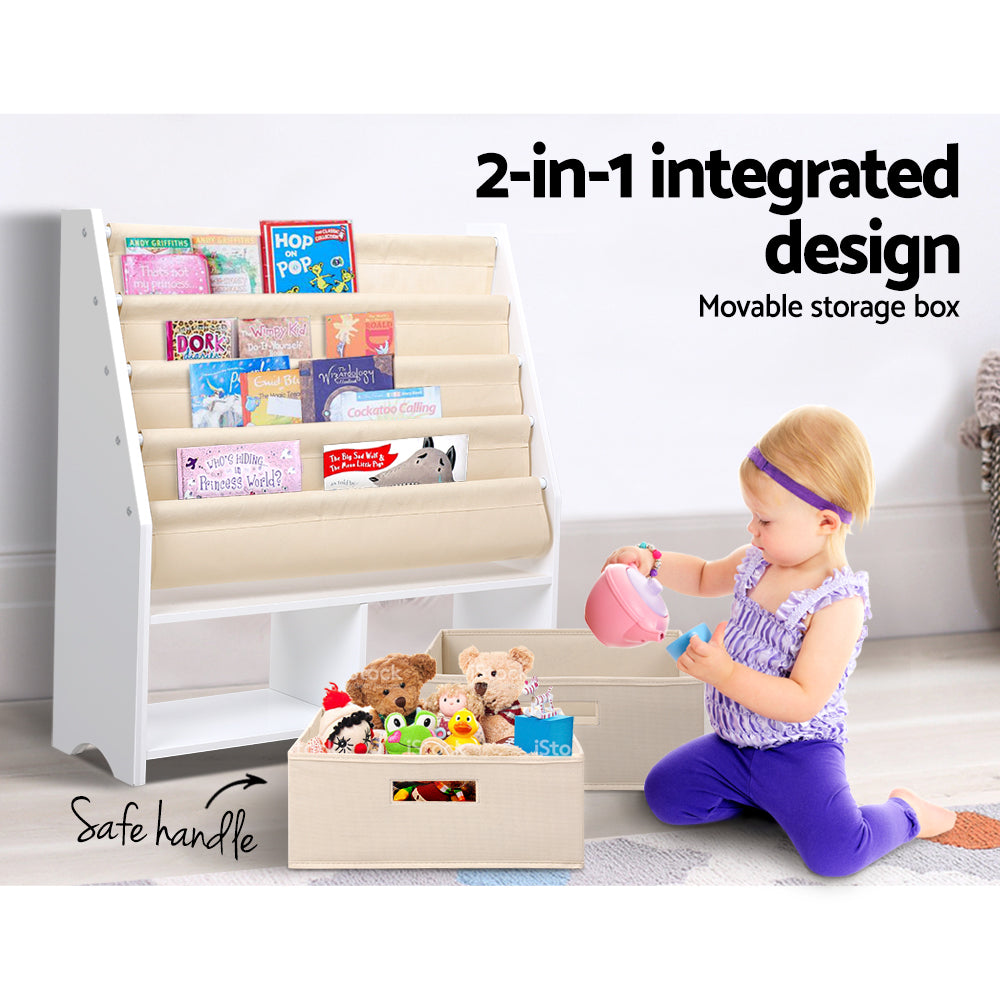 Kids Bookshelf with 4 Tiers and Storage Bins – White MDF Organiser